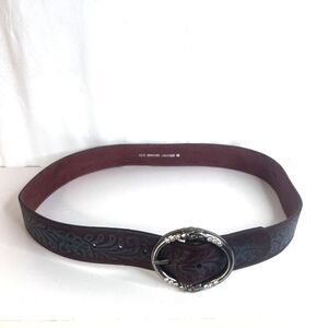 Genuine Leather Tooled Statement Belt Brown Metal Oval Buckle Jeweled Floral MD